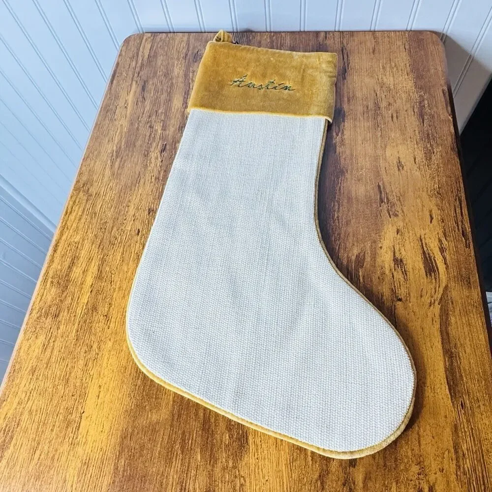 West Elm AUSTIN Classic Cotton Jute Velvet Ivory Gold Christmas Stocking NWOT